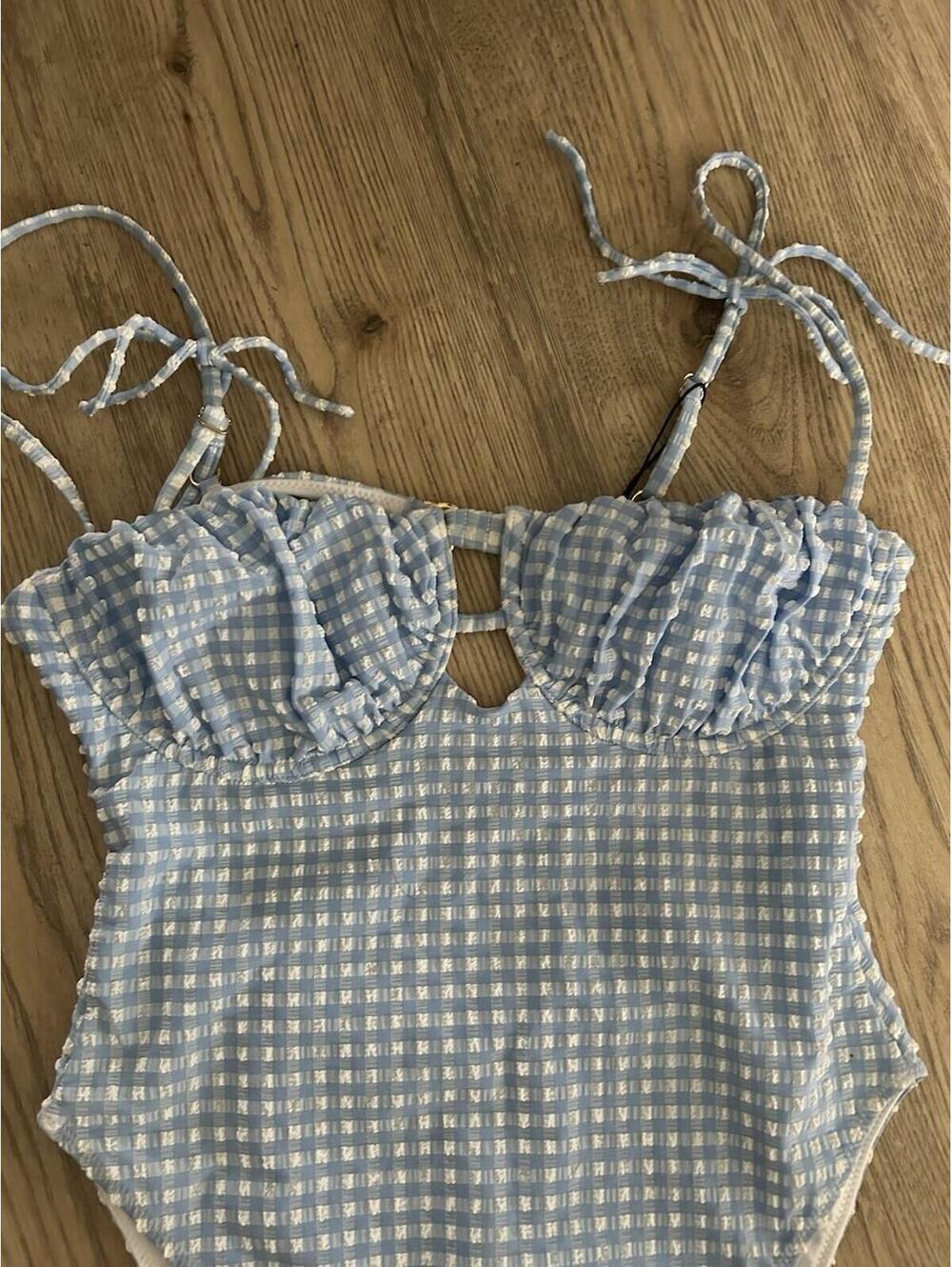 MONTCE Blue White Gingham One-Piece Tie Shoulder Swimsuit Size Medium - Picture 2 of 6
